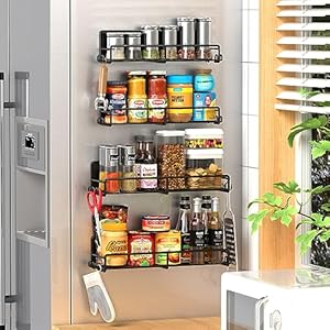 Goovilla Magnetic Spice Rack for Refrigerator Organizer with 20 Hooks, Magnetic Fridge Spice Shelf 4 Pack, Strong Magnet Seasoning Organizer Rack for Refrigerator Kitchen Classroom Storage, Black