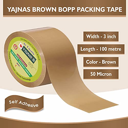 Image of YAJNAS Brown BOPP Tape Self Adhesive High-Strength Packing Tape Roll, Packaging Tape | Brown Cello Tape | e-Commerce Packaging Tape for Home, Office Use & Box Packaging (3 Inch, 100, 48)