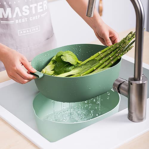 Cedilis 2 Pack 2-In-1 Kitchen Colander Bowl Set, 4.2 Quart Large Plastic Washing Bowl And Strainer, Detachable Pasta Drainer Basket For Fruits And Vegetables, Dual-Layer, Green And Grey #TOP2