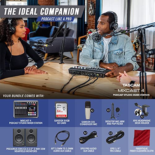 Tascam Mixcast 4 Podcast Studio Mixer Station With Built-In Recorder/Usb Audio Interface, 8 Sound-Effect, Records 14 Tracks, Comes W/ Basic C Accessories Bundle #TOP5