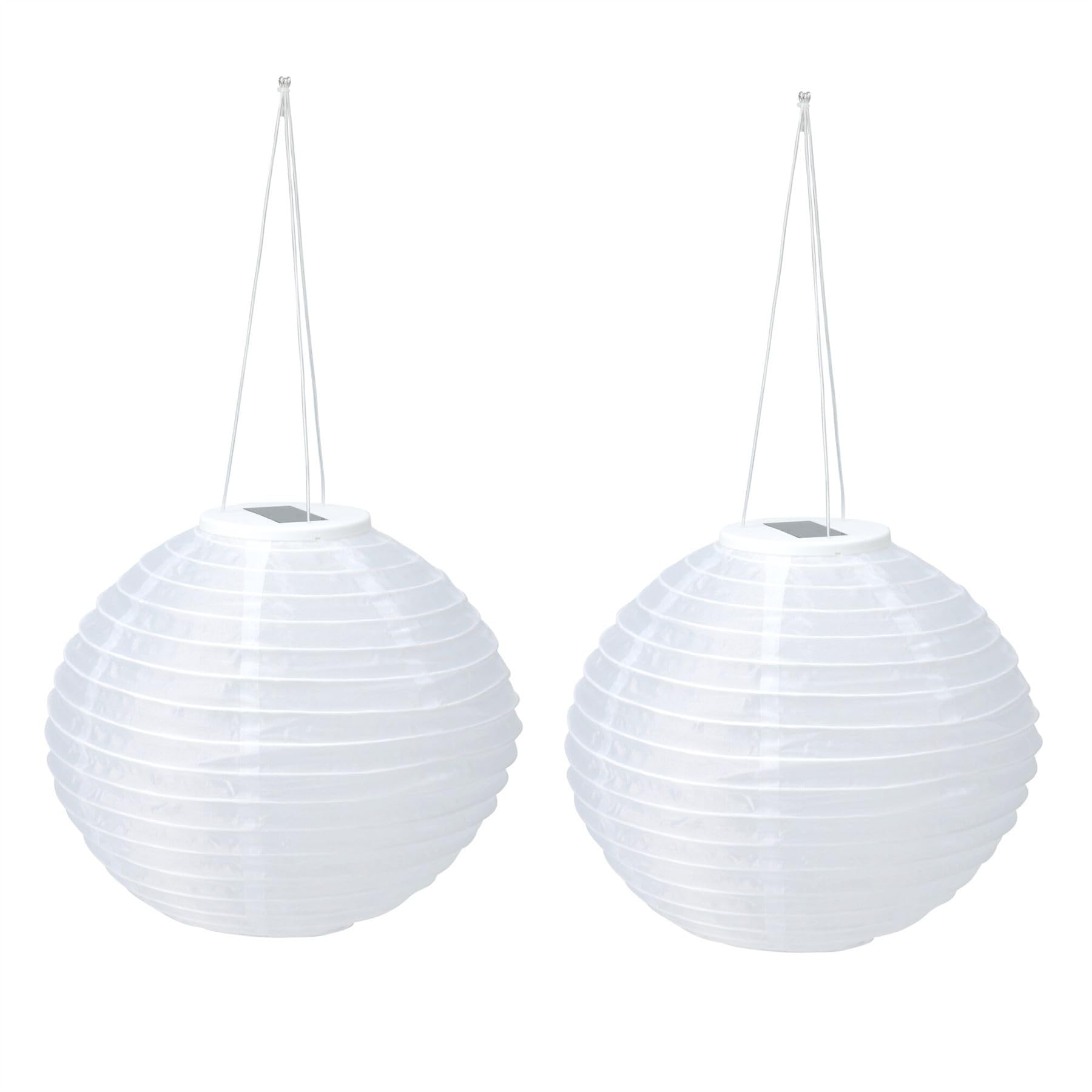 Pack of 2 LED Oriental Garden Lanterns | Solar Powered Round White Outdoor Lanterns | Bamboo Style Ribbed Hanging Garden Lights - 28cm
