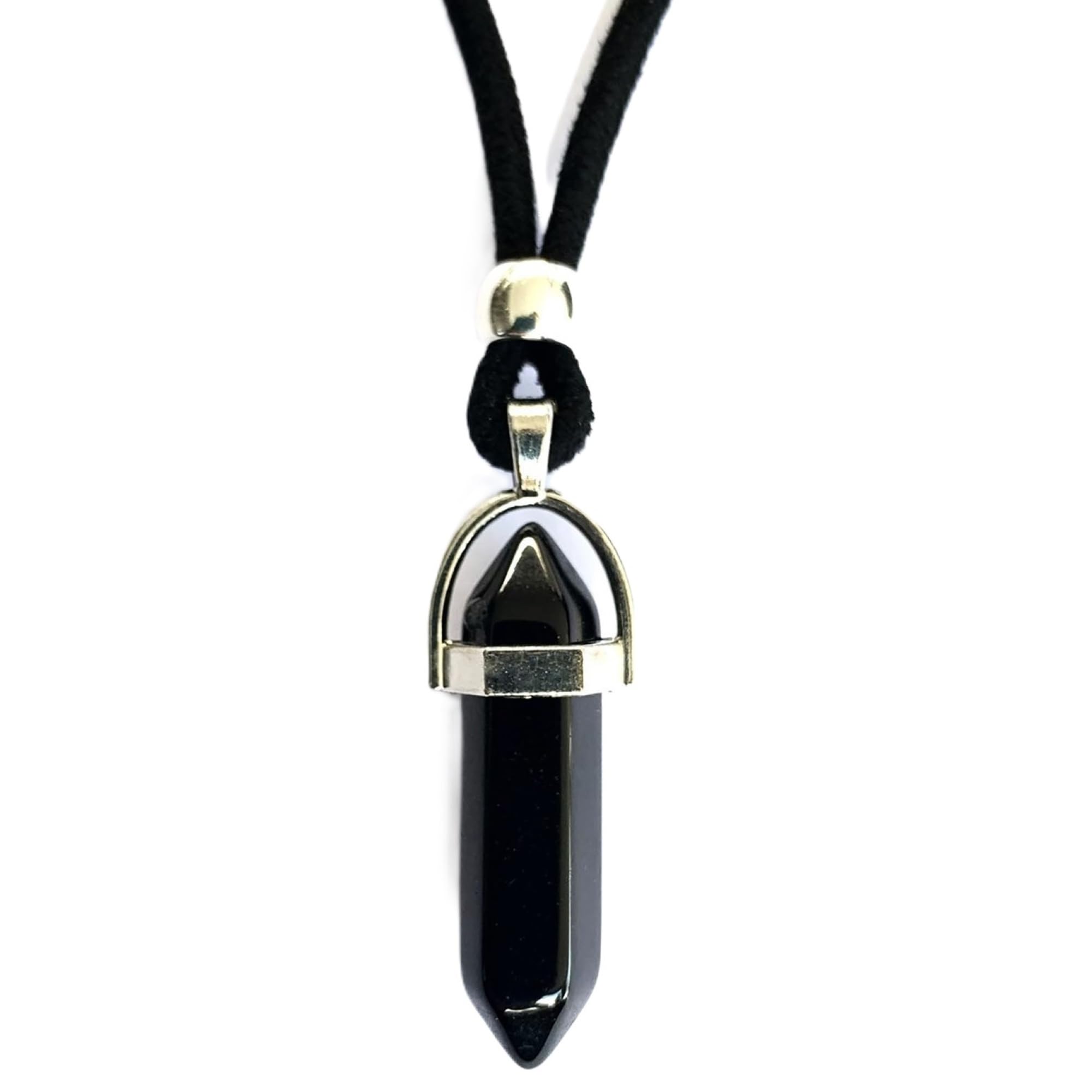 ASTER ALHELÍColgante Hombre Mujer Piedra Energética Natural Punta de Flecha y zamak bañado en Plata - Collar Amuleto Gema Curativa de Protección - Ideal para Regalo (Obsidiana Negra)