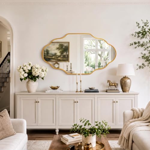 Image of Scalloped Gold Bathroom Mirror, Irregular Wall Decorative Mirror | Brushed Metal Frame, HD Glass Decorative Mirror for Wall Decor, Vanity Mirror for Living Room Entryway (26 inch x 46 inch, 2 Pack)