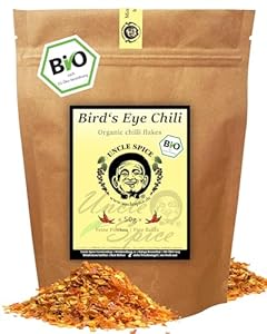 UNCLE SPICE® BIO Birds Eye Chiliflocken- 50g geschrotete BIO Vogelaugenchilis - PIRI PIRI FLOCKEN - bis zu 200k SHU, scharfe getrocknete Chili-Flocken, Chiliflakes, DE-ÖKO-005