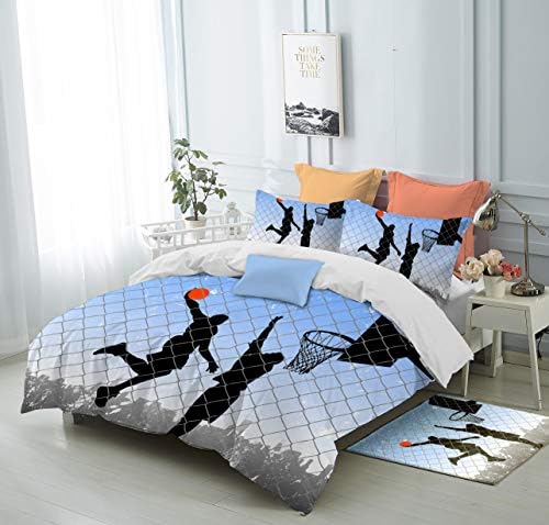 FAITOVE Basketball Shoot 3 Piece Bedding Cover Blue Sky Players Slam Dunk Duvet Cover with 2 Pillow Cases, Microfiber Queen Size