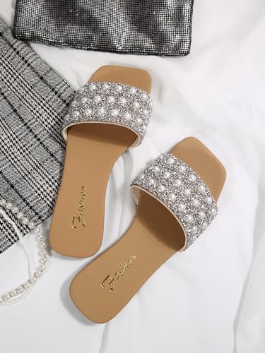 Verdusa Women's Glitter Pearls Rhinestone Sandals Square Open Toe Slip on Slippers4