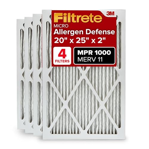 Filtrete 20x25x2 AC Furnace Air Filter MERV 11 MPR 1000 Allergen Defense 3-Month Pleated 2-Inch Electrostatic Air Cleaning Filter 4 Pack (Actual Size 19.5 x 24.5 x 1.75 in)