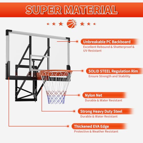 Image of 54 Inch Wall Mounted Basketball Hoop, 8-10 FT Adjustable Height Shatterproof PC Backboard Basketball Goal with 18 Inch Solid Rim for Indoor & Outdoor Use, Home, Gym, Backyard