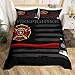 Firefighter Duvet Cover Set King Size,American Flag Geometric Stripes Bedding Set,Boys Girls Adults Room Decor,Fire Fighting Truck Tools Comforter Cover,Red Black Fashion Quilt Cover,2 Pillowcases