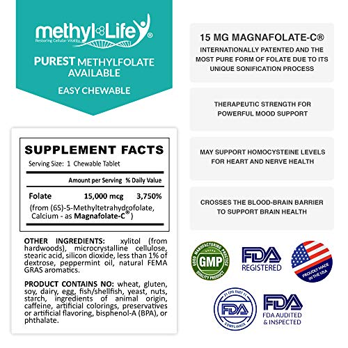 Methyl-Life Purest L-Methylfolate 15 Mg Pharmaceutical Grade Professional Strength Active Folate - 3 Months Supply. Chewables. Non-Gmo. Gluten Free Methylfolate #TOP3