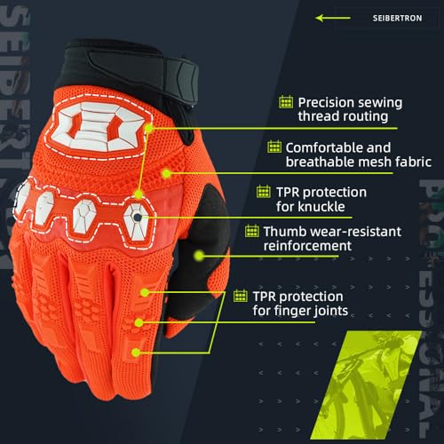 Image of Seibertron Unisex MX ATV MTB Racing Gloves - Full Finger Touchscreen Glove for Bicycle Cycling Mountain Biking Motorcycle and Motocross Fluo Orange M