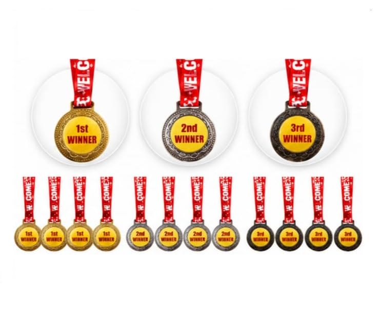 Pack of 12 Winner Medals with Ribbon – 4 Gold 1st Winner + 4 Silver 2nd Winner + 4 Bronze 3rd Winner | Metal Award Medals with Tricolor Neck Ribbon | Sports, Schoo (Medal_5-12)-picture-11