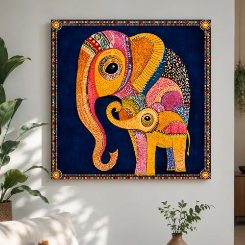 Image of PAINTINGMANTRA Gond Art of Elephants Wall Decor Print Multicolor | Canvas Painting Stretched on Wood | Suits For Living Room, Bedroom, Hallways (22x22 Inch)