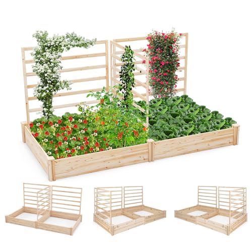 GOPLUS Jardinera con enrejado, bancal alto con 3 enrejados, jardinera con ayuda para enredaderas, para jardín de madera de abeto, para plantas trepadoras (222 x 114 x 110 cm)