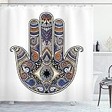 Ambesonne Hamsa Shower Curtain, Hand Drawn Boho Style Vintage Sign with All Seeing-Eye Doodle, Cloth Fabric Bathroom Decor Set with-Hooks, 75' Long, Blue Caramel
