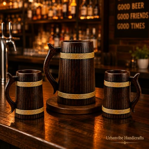 Image of Handcrafted Wooden Beer Bar Combo Set|Beer Mug |Barrel Shaped Jumbo Mug| (Thin Lines)(Set of 3) (2 Small Beer Mug 350ML Each & 1 Beer Jug Large 750ML)