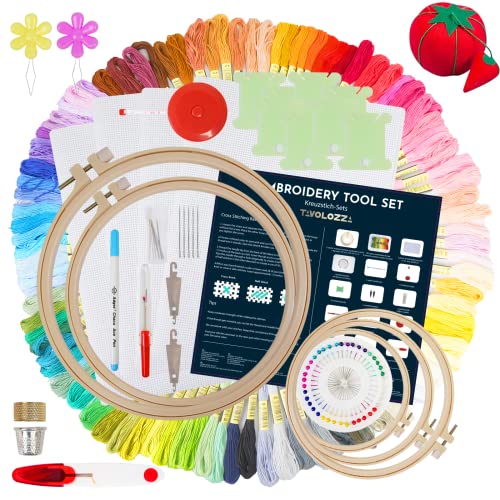 Tavolozza Stickerei Set, Stickerei Starter Kit - Kreuzstich Starter kit mit Anleitung, 100 farbige Fäden, 5 Bambus-Stickrollen, 3 Aida-Tücher und Kreuzstich-Werkzeug-Set zum Nähen Cover