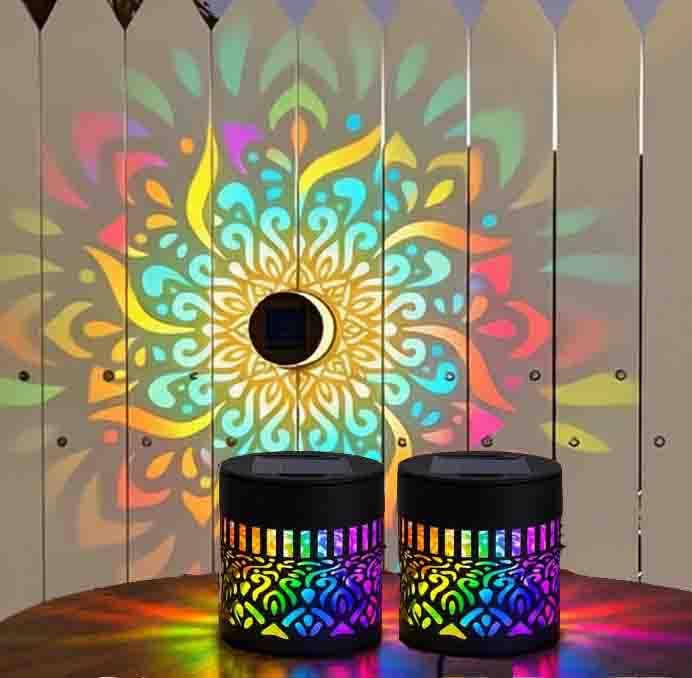 Solar Mandala Wall Lights, 7‑Color Changing Outdoor Decorative Projection Lamp, Waterproof Metal Fence Light for Garden Yard Patio Backyard Post Decor (2 Pcs)
