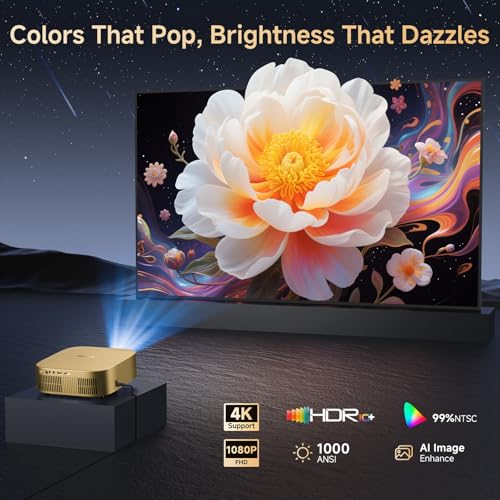 Image of TOF Auto Focus 6D Keystone Projector, Short Throw Smart Projector with Built in Apps 800ANSI Outdoor Movie Projector Gold