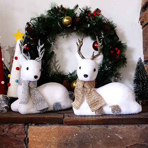 Lulu Home Christmas Tabletop Ornaments, Set Of 2 Flocking White Lying Reindeer Figurines With Glittered Antler And Feet, Xmas Holiday Winter Mantle Shelf Centerpieces Decoration, Golden & Silver #TOP2