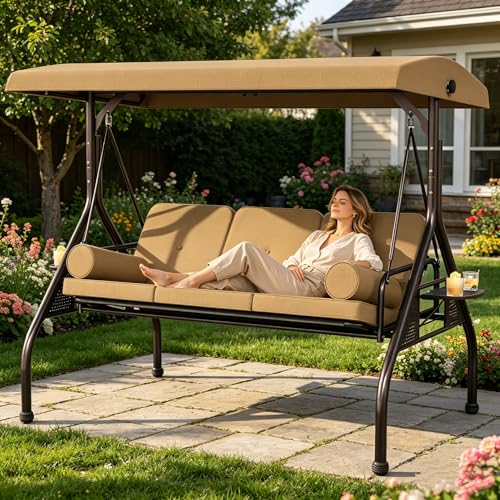 Image of SUNCROWN Outdoor 3 in 1 Porch Swing Chair, 3 Seat Patio Swing Glider with Adjustable Canopy, Heavy Duty Swings with Thickened Cushions, Pillows & Cup Holders for Garden, Backyard, Porch, Brown