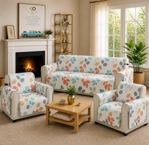Image of Printed Quilted Sofa Mat for 5 Seater (3+1+1) - Floral Design Slipcover with Armrest, Pockets on Both Sides, Fully Covered Sofa Protector - Orange Grey