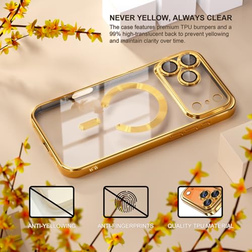 Image of Misea Magnetic for iPhone 17 Pro Case Compatible with MagSafe Gold | [Never Yellowing] [Military Drop Protection] Full Camera Lens Protector Plating Soft Clear Phone Case for Women, Gold