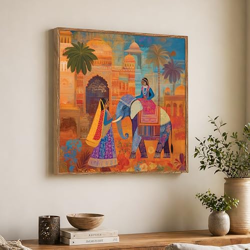 Image of PAINTINGMANTRA Rajasthani Elephant Folk Framed Painting For Living Room | Indian Traditional Large Canvas Painting With Frame Wall Art For Bedroom, Hallway's, Office, Hotel, Size 58x58 cm