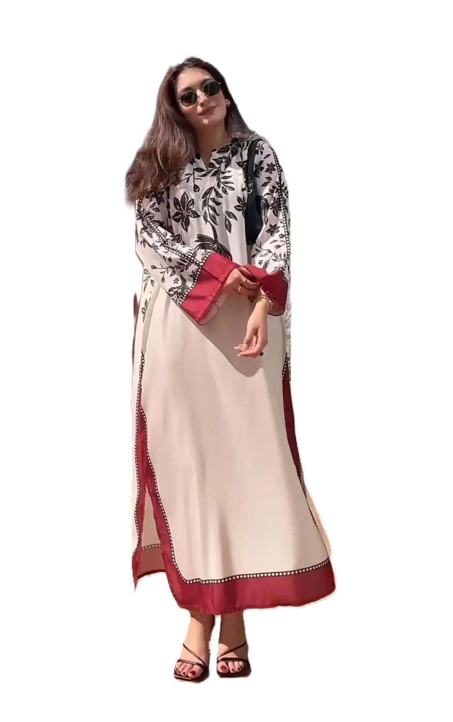 Women White Black Floral Printed Viscose Rayon Cotton Kurta Pant Set | Kaftan Style Long Kurta with Red Contrast Panels | Comfort Fit Everyday Suit | Plus Size M to 6XL-picture-21