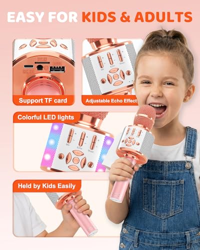 BONAOK Kabelloses Bluetooth-Mikrofon, Kindermikrofon mit LED-Lichtern, Mini-Karaoke-Maschine für Party/Zuhause/Geburtstag… – Ansicht 6
