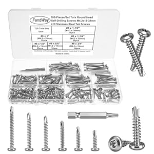 FandWay 185 Stück Torx Bohrschrauben, Linsenkopf Selbstbohrende Schrauben, M4, 2x13~38mm Rundkopf Selbstbohrschrauben, Edelstahl 410 Blechschrauben Metalldachschrauben Sortiment mit 1 TX20 Bits.