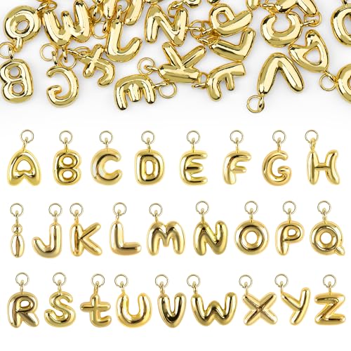 Starry 52pcs Gold Bubbled A-Z Alphabet Letters Charms for Jewelry Making Gold Chunky Bubble Initial Letter Charm Pendant Beads Trendy Bubble Glitter Pendants for Women Bracelet Necklace Choker Making