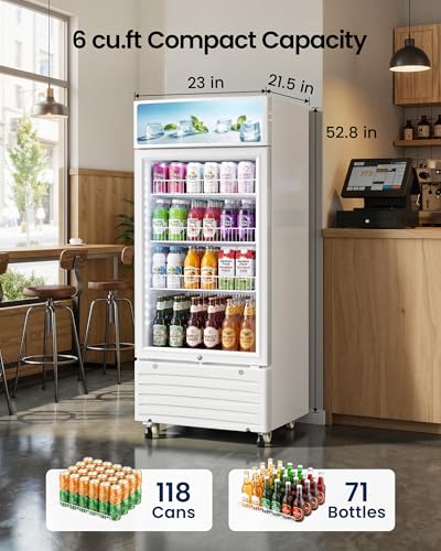 Image of 5.8 Cu.Ft Commercial Display Fridge with LED Lightbox | Glass Door Beverage Cooler, for Shops Office Cafe, Adjustable Shelves, ETL Certified, Energy Efficient, with Lock & Casters