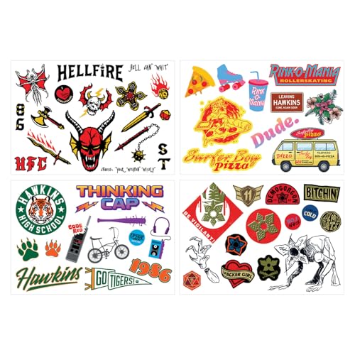 Stranger Things Tech Decals - Juego de calcomanías de vinilo con licencia oficial, Demogorgons, Hellfire Club, Hawkins High & Town Logos, 4 hojas