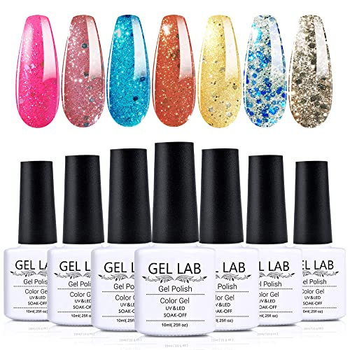 7PCS Glitter Gel Polish Set Blue Velvet Sparkle Glitters Colors Nail Polish Gel Kit Nail Art Design Manicure Gift Set Soak Off LED Gel Nail Lamp Cured for Nails Art Beauty Salon/ at Home 10ml