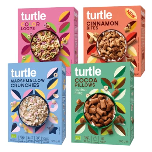Turtle Cereal Variety Pack - Gluten Free Cereal 300g (Pack of 4) Certified Organic Family Breakfast Cereal, Source of Fibre, Wholesome Natural Morning Energy