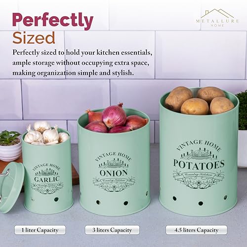 Image of Metallure Home Round Classic Kitchen Storage Containers | Set of 3 Metal Jars With Lid | Potato, Onion & Garlic (Food Safe) (Light Green)