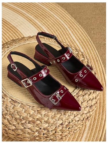 SHENHE Women's Slingback Flats Low Heels Pointed Toe Patent Leather Rivets Dress Pump Shoes4