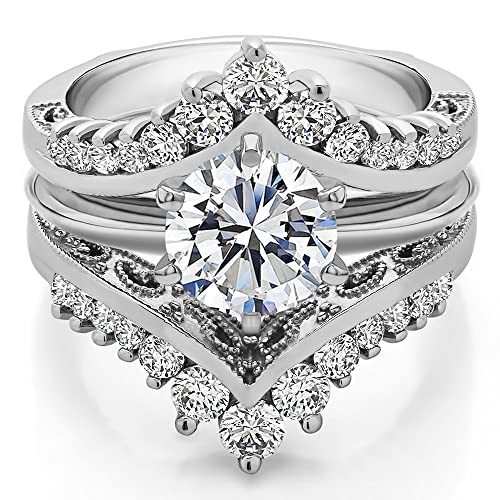 TwoBirch Vintage Ring Guard and Engagement Ring - 2 Piece Set Includes Guard and 1 Ct CZ Solitaire - Sterling Silver