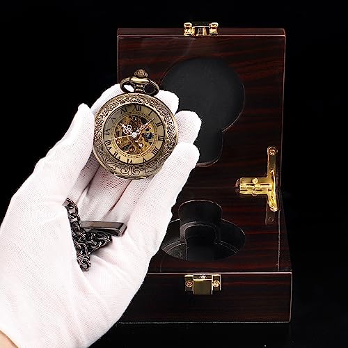 Image of ManChDa Pocket Watch Retro Smooth Classic Mechanical Hand-Wind Pocket Watch Steampunk Roman Numerals Fob Watch for Men Women with Chain + Box