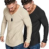 COOFANDY Men's Muscle V Neck T Shirt Gym Athletic Long Sleeves Tee Top Black/Khaki