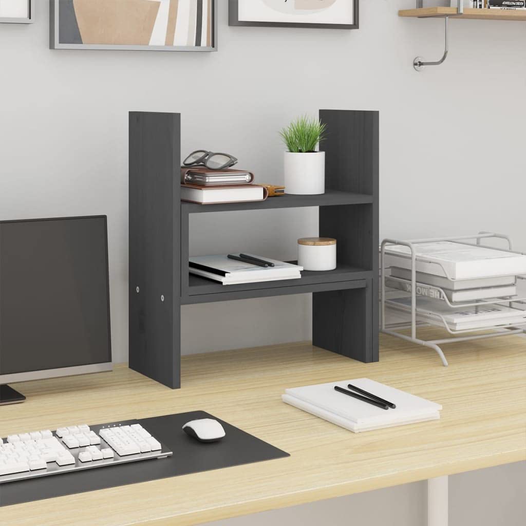 Supporto per monitor grigio in legno di pino massiccio, regolabile da 39 a 72 x 17 x 43 cm, per scrivania, piano di lavoro, ripiano e ordine in casa, con altezza ergonomica