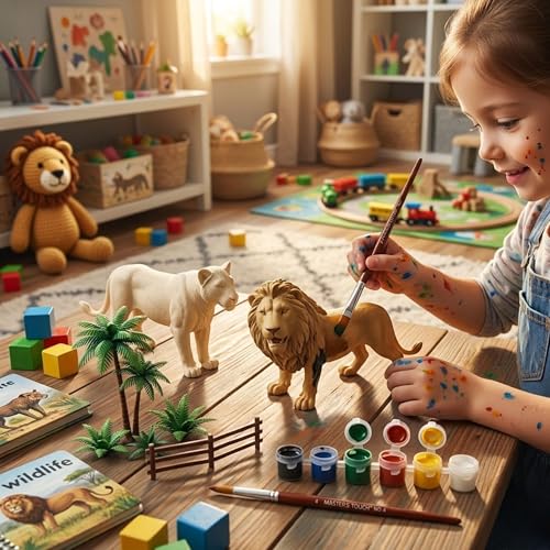 Image of Big Size Painting Animal Toys for Kids with Kit DIY Farm & Jungle Animal Toys Set 2PCS Lion, Tiger Figure Playset Toy for Boys & Girls Wild Zoo Janwar Painting Toys for Kids 3 Years