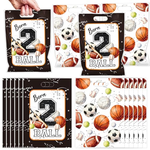 Falueqg Born 2 Ball Party Favors - 50 Pcs Born Two Ball 2nd Birthday Goodie Candy Treat Bags Sports Theme Party Supplies for 2 Year Old Basketball Football Soccer Birthday Decorations