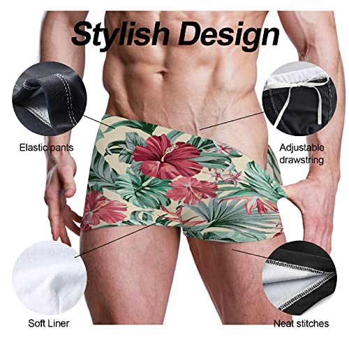 Square Leg Swim Brief Exotic Tropical Flowers Hibiscus and Palm Leaf Athletic Quick Dry Bathing Suit for Men 3XL4