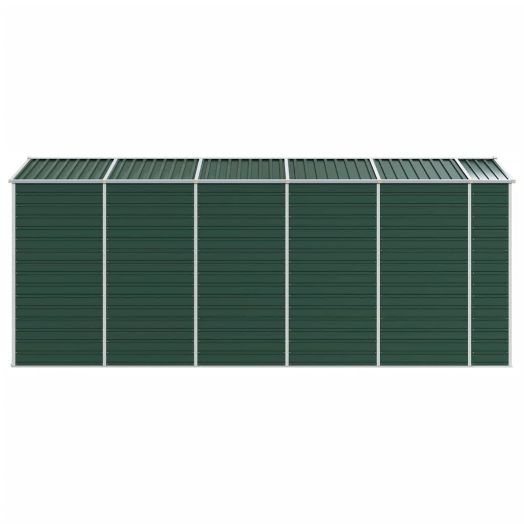 Domek ogrodowy ze stali ocynkowanej zielony 191 x 470 x 198 cm, duża zewnętrzna przestrzeń do przechowywania narzędzi i sprzętu, dach spadzisty z 4 otworami wentylacyjnymi i uchwytami do drzwi