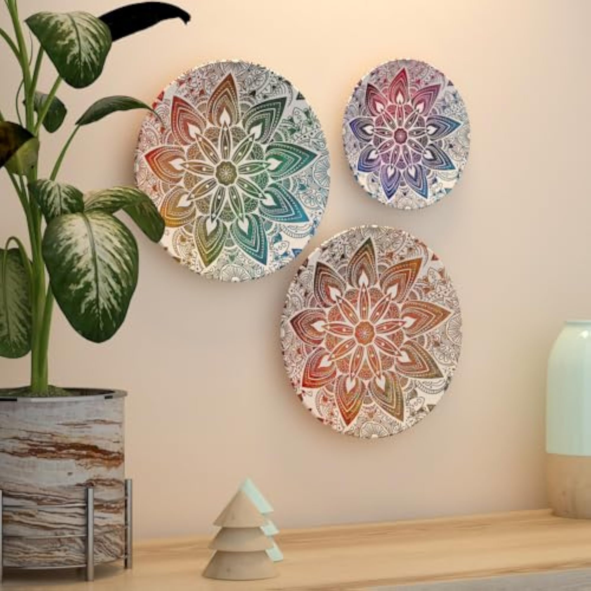Vibrant Mandala Wall Plates Set of 3, Multicolor Boho Decor