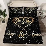 Mr Mrs Fitted Sheet You and Me Bedding Set for Couple Lover Men Women Funny Quotes Bed Sheet Set Gold and Black Romantic Wedding Themed Bed Cover No Flat Sheet Room Decor Bedding Sheet Queen Size