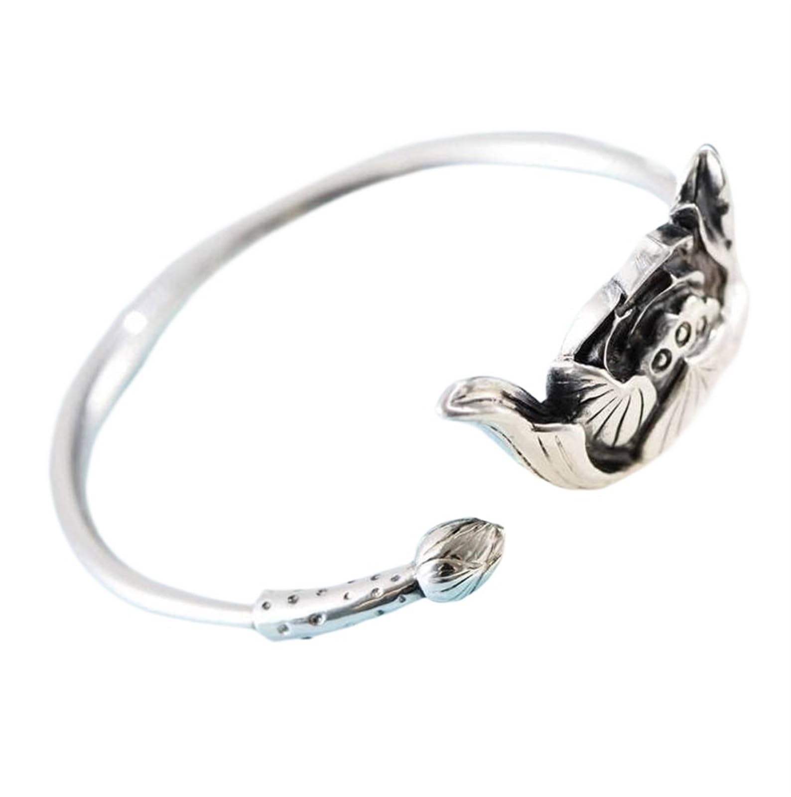 Bracciale in argento, bracciale rigido alla moda, bracciale rigido in argento vintage S990 in stile cinese Bracciale in argento tailandese in stile etnico Buddha us Bracciale aperto con boccioli di fi