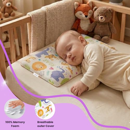 Image of Premium Memory Foam Toddler Thin Pillow | Head, Neck & Back Support | Washable Removable Cover | Ideal for Sleeping, Reading & Resting | Age 2 to 9 Year | 18.5x12.5x2.5in | Animal Print